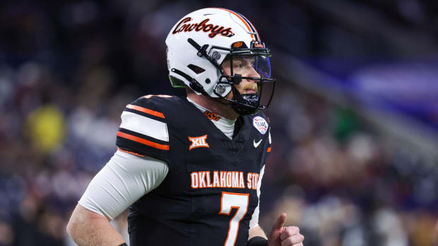 Dec 27, 2023; Houston, TX, USA; Oklahoma State Cowboys quarterback Alan Bowman (7) before the game against the Texas A&M Aggies at NRG Stadium.